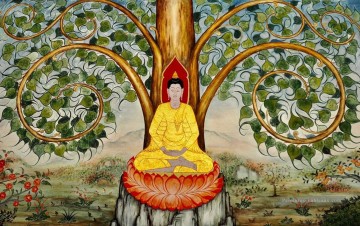 Bouddha sous la poudre d’or Banyan bouddhisme Peinture à l'huile